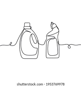 Continuous one line of two bottles with liquid detergent for dirty laundry in silhouette. Minimal style. Perfect for cards, party invitations, posters, stickers, clothing. Black abstract icon.