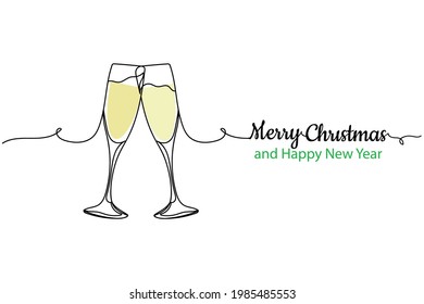 Continuous one line of two champagne glasses in silhouette. Linear stylized.Minimalist. Merry christmas and happy new year or birthday
