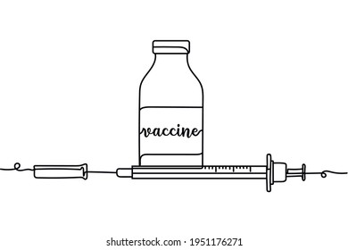 Continuous one line of vaccine syringe with ampoule in silhouette. Minimal style. Perfect for cards, party invitations, posters, stickers, clothing. Black abstract icon. Medical concept