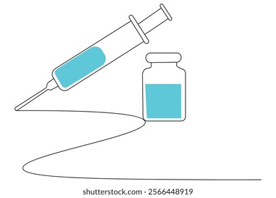 Continuous one line vaccine and syringe drawing of outline vector icon