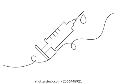 Continuous one line vaccine and syringe drawing of outline vector icon