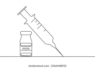 Continuous one line vaccine and syringe drawing of outline vector icon