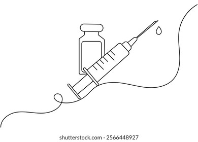 Continuous one line vaccine and syringe drawing of outline vector icon