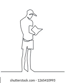 Continuous one line vector drawing of man reading book vector illustration. A hipster man in shorts and baseball cap reading a paper city map. Tourist, young businessman