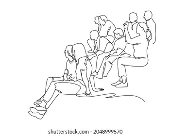 Continuous one line vector drawing group of people. Audience silhouette hand drawn characters. Crowd sitting in a street concert, meeting. Women and men in urban space