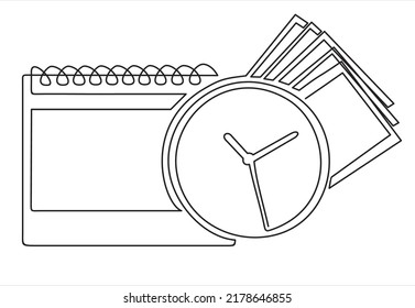 continuous one line vector drawing of Clock, calendar, money. Business strategy concept. Flat design stylish. Time management. deadline, planning 