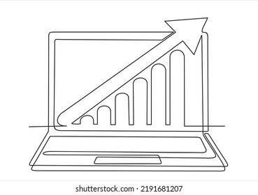 dibujo continuo de un vector de línea del portátil con gráfica y flecha hacia arriba. Arte de línea. 