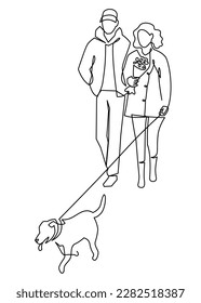 Continuous one line vector drawing of couple walks pet dog. Cartoon young man woman owner characters and puppy labrador, persons walking cute doggy domestic animal