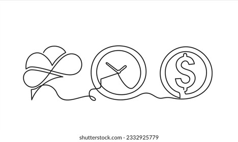 dibujo continuo de un vector de línea de cerebro, reloj y moneda en dólares. Concepto de estrategia empresarial. diseño de una línea elegante. Gestión del tiempo. fecha límite, planificación 