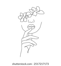 Desenho Vetor de Uma Linha Contínuo do Retrato Feminino com Flores na Cabeça. Contorno Trendy Drawing of Female Beauty Face. Ilustração de Moda