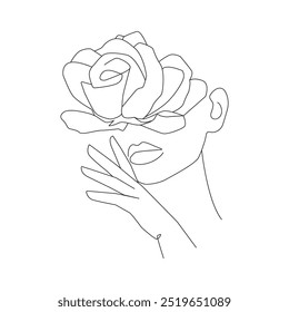 Continuous One Line Vector Drawing of Female Portrait with Rose Flowers on Head. Outline Trendy Drawing of Female Beauty Face. Fashion Illustration