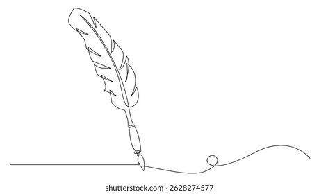 Continuous One Line Vector Drawing of Feather for Writing. Bird Feather in Simple Minimal Outline Style. Editable Stroke. Writing Vintage Symbol. Hand Drawn Sketch Illustration. Not AI