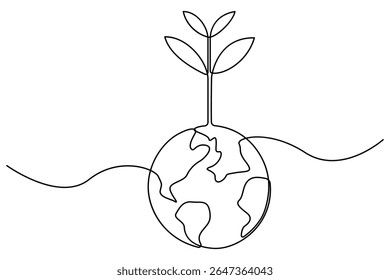 Continuous one line vector drawing of plant seeds growing from the earth for environment day illustration
