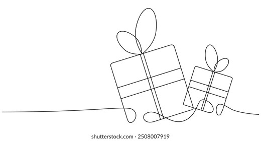 Continuous one line vector illustration of Christmas Present box. Wrapped surprise package