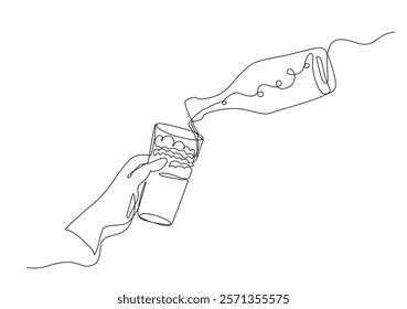 A continuous one line vector illustration of a hand holding a glass being filled with a liquid from a tilted bottle, symbolizing simplicity, social gatherings, and a relaxed lifestyle. Editable stroke