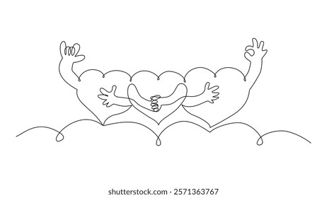 Continuous one line vector illustration of three cartoon hearts hugging each other isolated on white background, symbolizing love and unity, Hand drawing doodle cartoon, Editable stroke