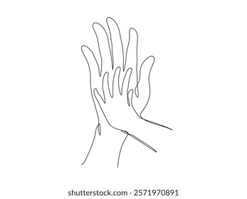 Continuous one line vector illustration of a mother's and child's hand overlapping, symbolizing love, care, and the nurturing bond between parent and child. Touch hands, Editable stroke