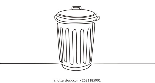 Continuous One Line Vector Trash Bin Symbol. Waste Management Cleanliness Concept.
