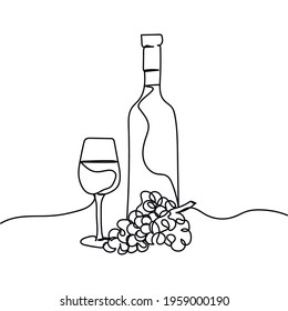 Continuous one line of vine bottle with glass and grapes in silhouette. Minimal style. Perfect for cards, party invitations, posters, stickers, clothing. Black abstract icon.