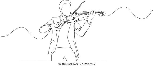 Uma linha contínua de um violinista tocando apaixonadamente, representando música e emoção, desenhado ilustração vetorial.