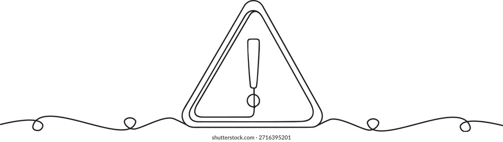 Continuous one line of a warning sign with defined triangular shape, danger awareness theme, hand drawn vector illustration.	