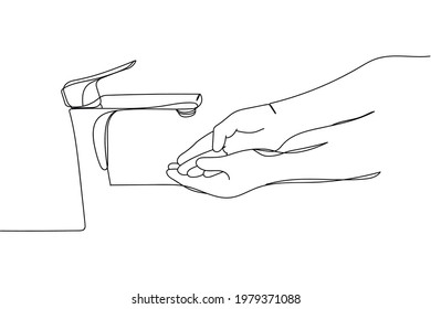 Continuous one line of washing hands in silhouette. Linear stylized.Minimalist.