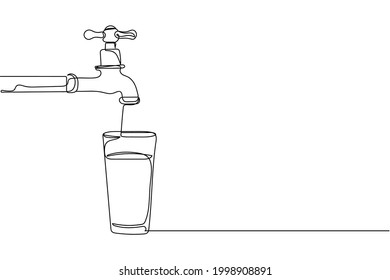 Continuous one line of water tap with glass in silhouette on a white background. Linear stylized.Minimalist.