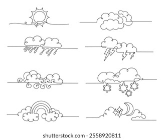 Continuous one line weather dividers. Minimalist linear weather forecast designs for sunny day, cloudy night, rain and snow, thunderstorm and windy weather, rainbow horizontal separator vector set.