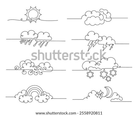 Continuous one line weather dividers. Minimalist linear weather forecast designs for sunny day, cloudy night, rain and snow, thunderstorm and windy weather, rainbow horizontal separator vector set.