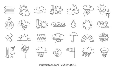 Continuous one line weather icons. Minimalist linear weather forecast symbols for clouds, sun, rain, wind and meteorological outline vector elements set.