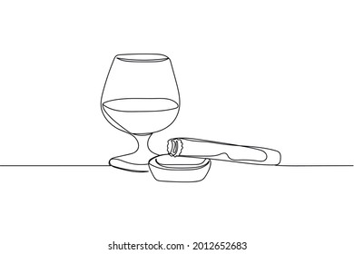 Continuous one line of whiskey and cigar in silhouette on a white background. Linear stylized.Minimalist.