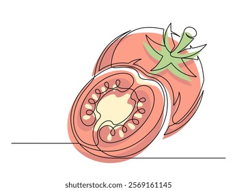 Continuous one line whole and halves red tomato isolated on white background. Simple vegetable silhouette. Hand drawn tomatoes outline. Vector illustration
