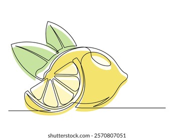 Continuous one line whole and halves yellow lemons with leaf isolated on white background. Simple citrus silhouette. Hand drawn lemon outline. Vector illustration