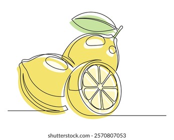 Continuous one line whole and halves yellow lemons with leaf isolated on white background. Simple citrus silhouette. Hand drawn lemon outline. Vector illustration