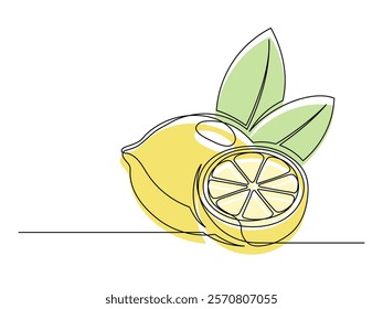 Continuous one line whole and halves yellow lemons with leaf isolated on white background. Simple citrus silhouette. Hand drawn lemon outline. Vector illustration