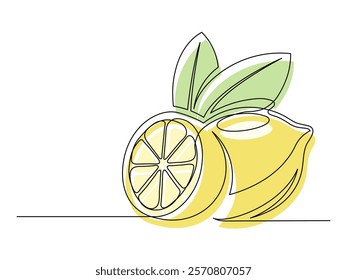 Continuous one line whole and halves yellow lemons with leaf isolated on white background. Simple citrus silhouette. Hand drawn lemon outline. Vector illustration