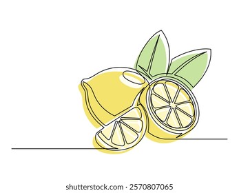 Continuous one line whole and halves yellow lemons with leaf isolated on white background. Simple citrus silhouette. Hand drawn lemon outline. Vector illustration