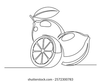 Continuous one line whole and halves lemons with leaf isolated on white background. Simple citrus silhouette. Hand drawn lemon outline. Vector illustration