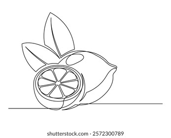 Continuous one line whole and halves lemons with leaf isolated on white background. Simple citrus silhouette. Hand drawn lemon outline. Vector illustration