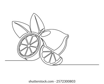 Continuous one line whole and halves lemons with leaf isolated on white background. Simple citrus silhouette. Hand drawn lemon outline. Vector illustration