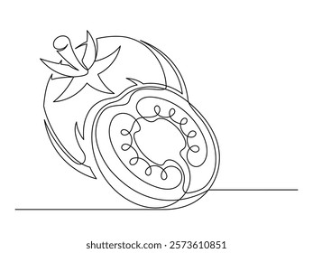 Continuous one line whole and halves tomato isolated on white background. Simple vegetable silhouette. Hand drawn tomatoes outline. Vector illustration