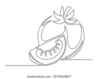 Continuous one line whole and halves tomato isolated on white background. Simple vegetable silhouette. Hand drawn tomatoes outline. Vector illustration