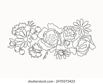 Continuous one line of wildflowers bouquet. Elegant composition with peony and daisy flowers and cornflower. Outline floral garland.