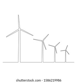Continuous one line wind turbines, wind power plant, green energy, alternative source of electricity. Stock vector illustration.