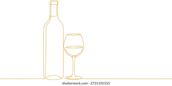 Uma linha contínua de uma garrafa de vinho e vidro, representando jantar gourmet, desenhado ilustração vetorial.