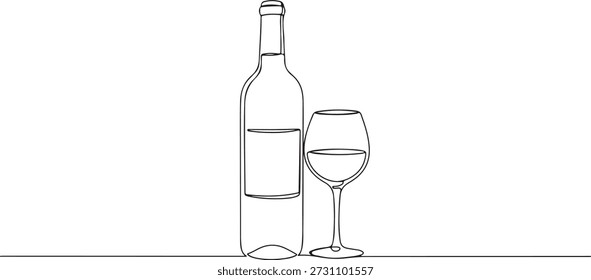 Uma linha contínua de uma garrafa de vinho e vidro, representando jantar gourmet, desenhado ilustração vetorial.