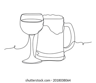 Continuous one line of wine glass and beer mug in silhouette on a white background. Linear stylized.Minimalist.