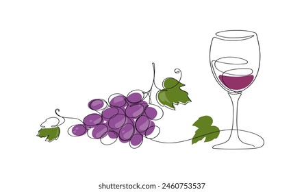Continuous one line of wine glass with grape bunch on white background. Vine. Hand drawn minimalistic design.