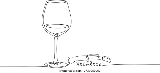 Uma linha contínua de um copo de vinho e saca-rolhas, representando bebidas gourmet, desenhado ilustração vetorial.