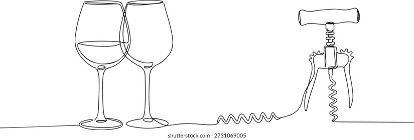 Uma linha contínua de um copo de vinho e saca-rolhas, representando bebidas gourmet, desenhado ilustração vetorial.